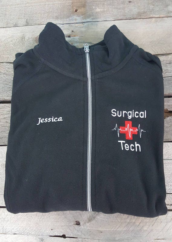 Surgical Tech Nurse Jacket Black Ladies Lightweight Fleece Full Zip Customized