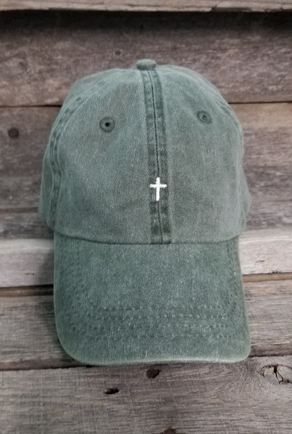 Pigment dyed dad hat with tiny embroidered cross, baseball hat, handwritten. Faith, Christian embroidered unstructured hat