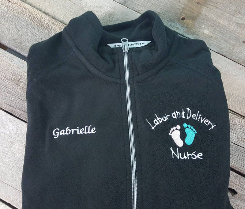 Labor and Delivery Nurse Jacket Black Ladies Lightweight Fleece Full Zip Customized