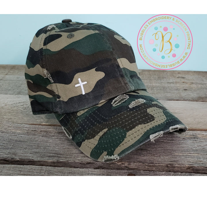 Cross Camo baseball hat, Christian, distressed, vintage dad hat