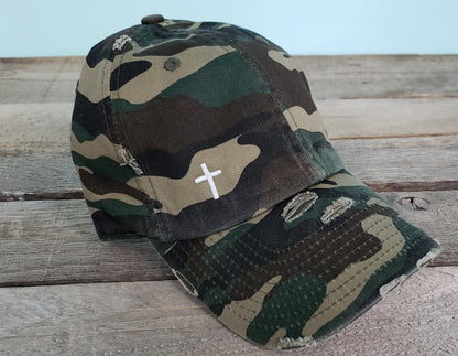Cross Camo baseball hat, Christian, distressed, vintage dad hat