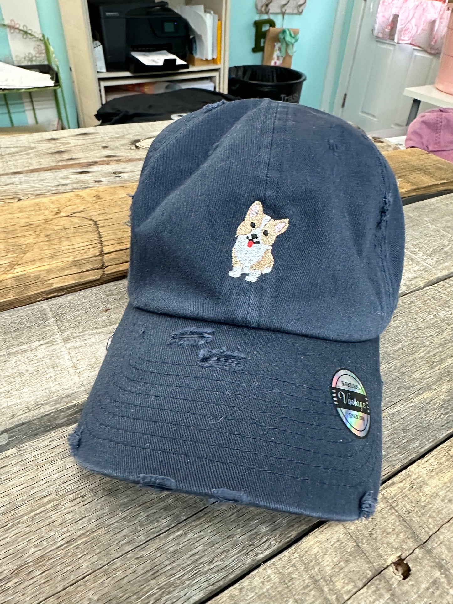 Navy Distressed Corgi Baseball Hat~ Dad Hat-Dog Hat