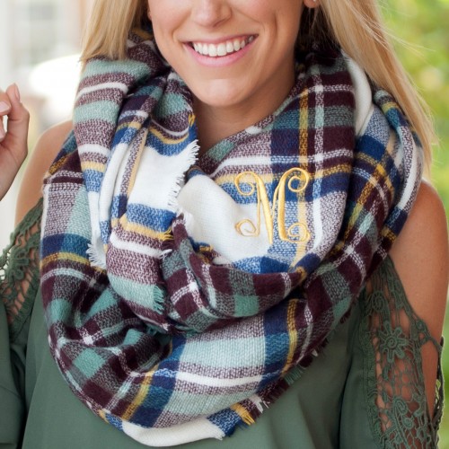 Plaid Infinity Scarf Blue and Wine